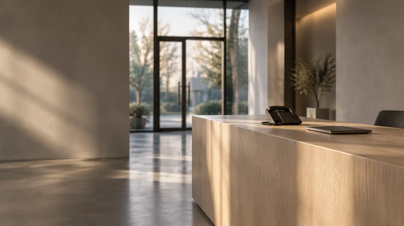 An empty reception counter in a small business at opening time, a desk phone and a closed laptop on it.